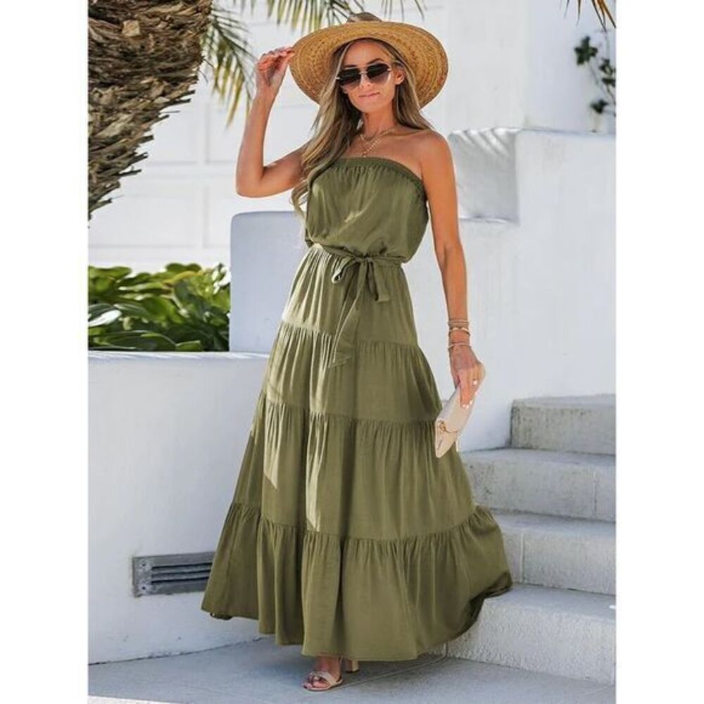 Cupshe Olive Green Strapless Tiered Maxi Dress Boho‎ Summer Chic Size Small